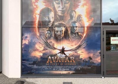 Vitrine imprimée Avatar en microperforé – habillage adhésif posé à Bonneville